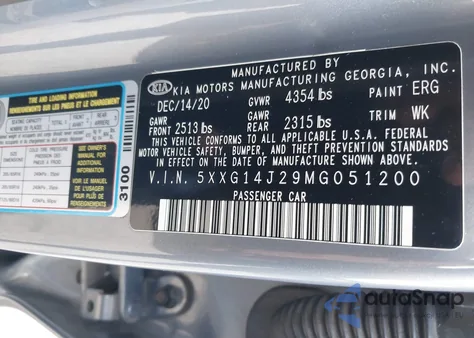 2021 Kia K5 Lxs from USA, damaged, VIN 5XXG14J29MG051200